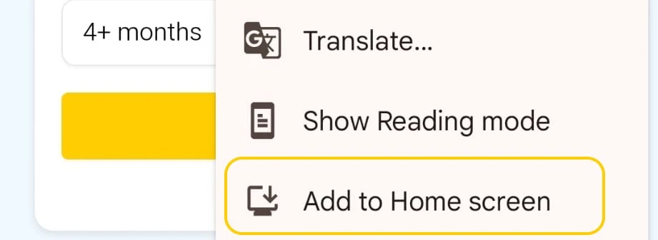 Add to Home screen option in Chrome